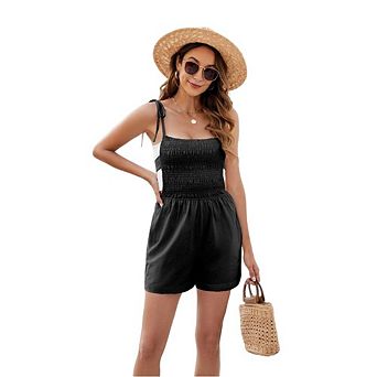 Womens Casual Romper Tie Shoulder Straps Smock Bodice Loose Fit Shorts Summer Jumpsuit with Pockets