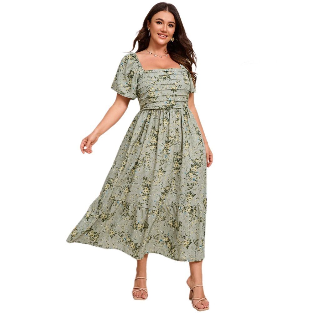 Женские платья Plus Midi Dress Square Neck Ruched Floral Ruffled Hem A Line Dresses For Casual Summer