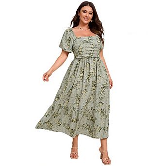 Women's Plus Midi Dress Square Neck Ruched Floral Ruffled Hem A Line Dresses For Casual Summer