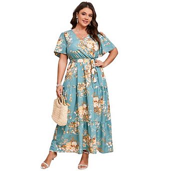 Women's Plus Midi Dress Square Neck Ruched Floral Ruffled Hem A Line Dresses For Casual Summer