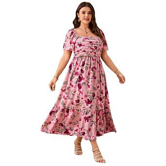 Women's Plus Midi Dress Square Neck Ruched Floral Ruffled Hem A Line Dresses For Casual Summer