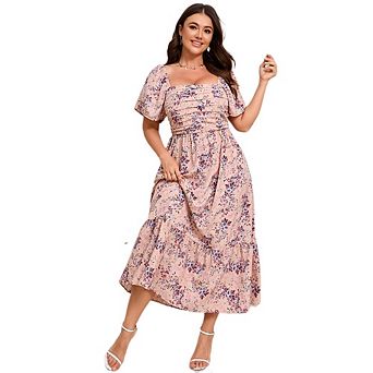 Women's Plus Midi Dress Square Neck Ruched Floral Ruffled Hem A Line Dresses For Casual Summer