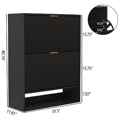 Fluted Shoe Storage Cabinet, Slim Hidden Shoe Rack Cabinet with 2 Flip Drawers & Bottom Open Shelf