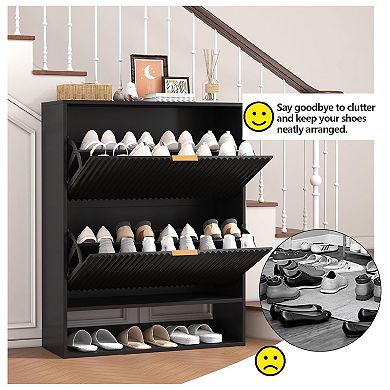 Fluted Shoe Storage Cabinet, Slim Hidden Shoe Rack Cabinet with 2 Flip Drawers & Bottom Open Shelf