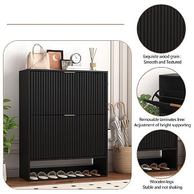 Fluted Shoe Storage Cabinet, Slim Hidden Shoe Rack Cabinet with 2 Flip Drawers & Bottom Open Shelf