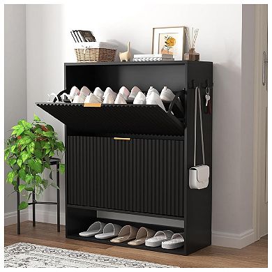 Fluted Shoe Storage Cabinet, Slim Hidden Shoe Rack Cabinet with 2 Flip Drawers & Bottom Open Shelf