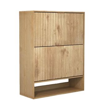 Fluted Shoe Storage Cabinet, Slim Hidden Shoe Rack Cabinet with 2 Flip Drawers & Bottom Open Shelf