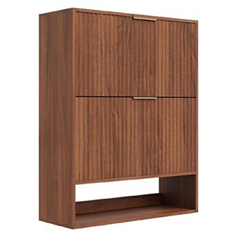 Fluted Shoe Storage Cabinet, Slim Hidden Shoe Rack Cabinet with 2 Flip Drawers & Bottom Open Shelf