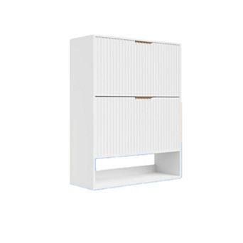 Fluted Shoe Storage Cabinet, Slim Hidden Shoe Rack Cabinet with 2 Flip Drawers & Bottom Open Shelf