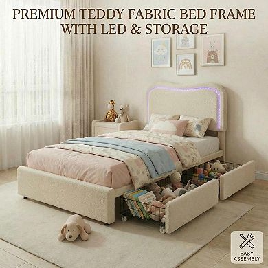 Bed Frame with LED Headboard & 2 Storage Drawers - Upholstered Boucle Platform, No Box Spring Needed