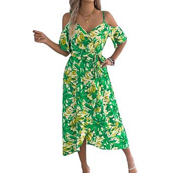 Womens Casual Midi Dress Cold Shoulder Spaghetti Straps V-neck Wrap Front Floral Split Hem for Beach