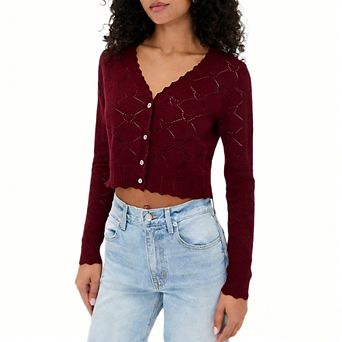 Women's Knit Cardigan Swarter V Neck Button Front Cropp Hollow Out Long Sleeve Top for Office Casual