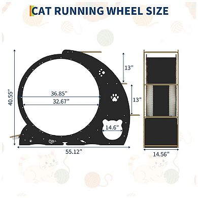 Cat Exercise Wheel, Large Cat Treadmill with Bowls & Scratch Post for Indoor Pets
