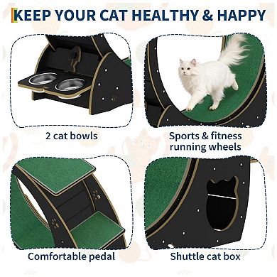 Cat Exercise Wheel, Large Cat Treadmill with Bowls & Scratch Post for Indoor Pets