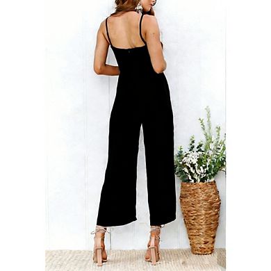 Womens Jumpsuit Spaghetti Strap Square Neck Wide Leg Cropped Causal Work Office Slim Fit Romper