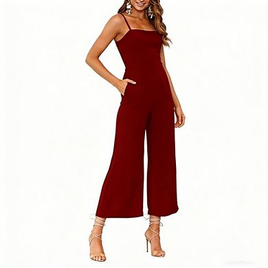 Womens Jumpsuit Spaghetti Strap Square Neck Wide Leg Cropped Causal Work Office Slim Fit Romper