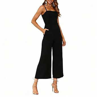 Womens Jumpsuit Spaghetti Strap Square Neck Wide Leg Cropped Causal Work Office Slim Fit Romper