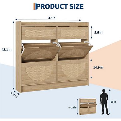 Rattan Shoe Storage Cabinet with 4 Flip Drawers & 2 Drawers, Freestanding Organizer