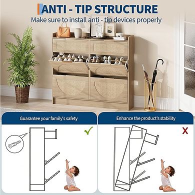 Rattan Shoe Storage Cabinet with 4 Flip Drawers & 2 Drawers, Freestanding Organizer
