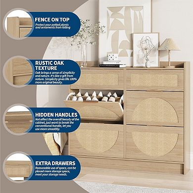 Rattan Shoe Storage Cabinet with 4 Flip Drawers & 2 Drawers, Freestanding Organizer
