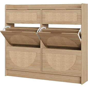 Rattan Shoe Storage Cabinet with 4 Flip Drawers & 2 Drawers, Freestanding Organizer