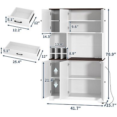 71 Inch Tall White Kitchen Pantry Cabinet, Modern Kitchen Hutch Storage Cabinet with Wine Rack