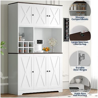 71 Inch Tall White Kitchen Pantry Cabinet, Modern Kitchen Hutch Storage Cabinet with Wine Rack