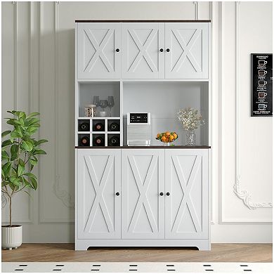 71 Inch Tall White Kitchen Pantry Cabinet, Modern Kitchen Hutch Storage Cabinet with Wine Rack