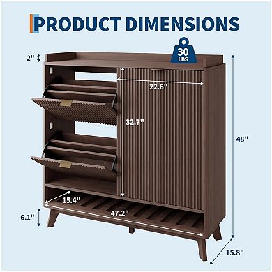 Fluted Shoe Cabinet Storage with 2 Flip Drawers & Sliding Door & Adjustable Shelf Rack