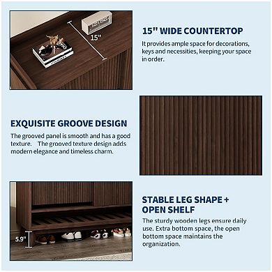 Fluted Shoe Cabinet Storage with 2 Flip Drawers & Sliding Door & Adjustable Shelf Rack