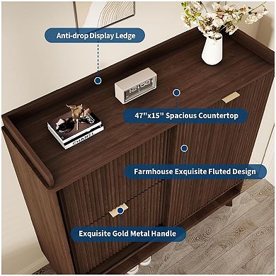 Fluted Shoe Cabinet Storage with 2 Flip Drawers & Sliding Door & Adjustable Shelf Rack