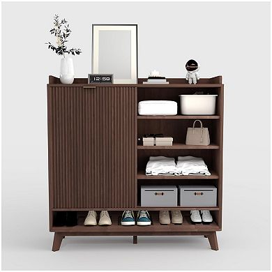 Fluted Shoe Cabinet Storage with 2 Flip Drawers & Sliding Door & Adjustable Shelf Rack