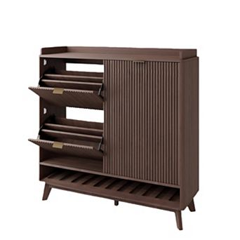 Fluted Shoe Cabinet Storage with 2 Flip Drawers & Sliding Door & Adjustable Shelf Rack