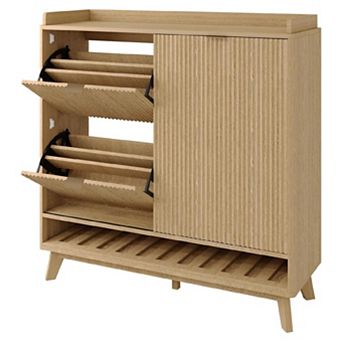 Fluted Shoe Cabinet Storage with 2 Flip Drawers & Sliding Door & Adjustable Shelf Rack