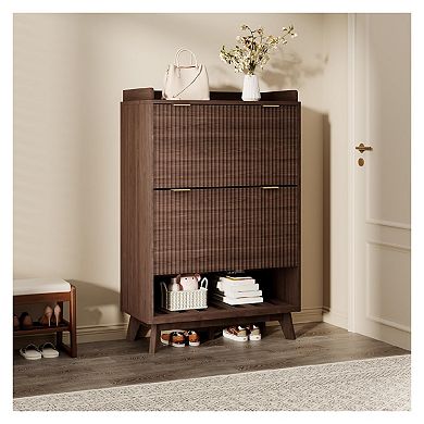 Fluted Shoe Cabinet for Entryway, 48" Tall Modern Narrow Shoe Organizer Storage, Bottom Open Shelf