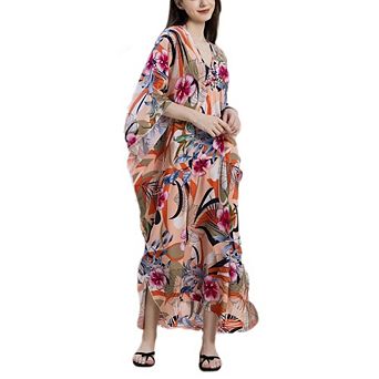 Womens Swimsuit Cover up Beach Kaftan Dress Floral Batwing Sleeve Loose for Bathing Suit Pool