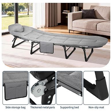 71 In Portable Folding Bed with Cushion and Pillow, Camping Cot for Adults