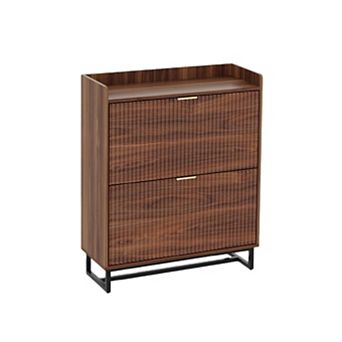 Shoe Storage Cabinet with 2 Flip Drawers, Narrow Wood Hidden Fluted Shoe Rack