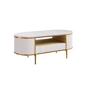 Modern Luxury Fluted Coffee Table, Oval Coffee Table with Sliding Drawers and Gold Metal Legs