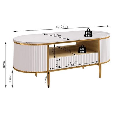 Modern Luxury Fluted Coffee Table, Oval Coffee Table with Sliding Drawers and Gold Metal Legs