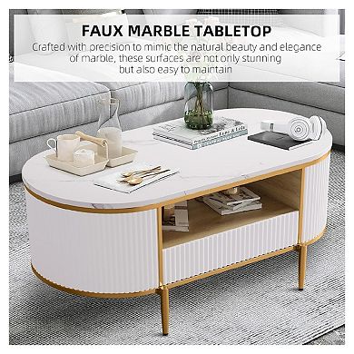 Modern Luxury Fluted Coffee Table, Oval Coffee Table with Sliding Drawers and Gold Metal Legs
