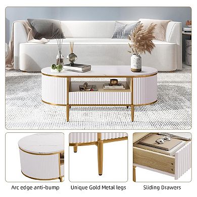 Modern Luxury Fluted Coffee Table, Oval Coffee Table with Sliding Drawers and Gold Metal Legs
