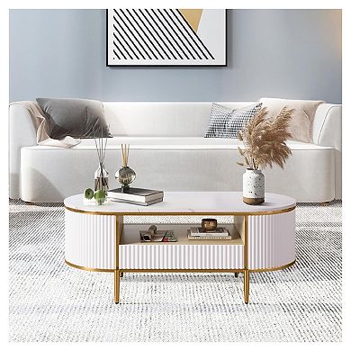 Modern Luxury Fluted Coffee Table, Oval Coffee Table with Sliding Drawers and Gold Metal Legs