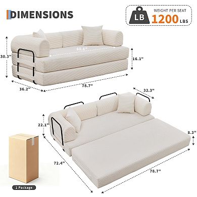 Convertible Sleeper Sofa Bed Couch, Boneless Corduroy Folding Sofa Bed with Pillow & Fixed-Shape