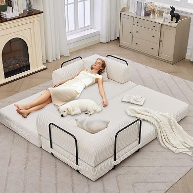 Convertible Sleeper Sofa Bed Couch, Boneless Corduroy Folding Sofa Bed with Pillow & Fixed-Shape