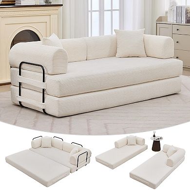 Convertible Sleeper Sofa Bed Couch, Boneless Corduroy Folding Sofa Bed with Pillow & Fixed-Shape