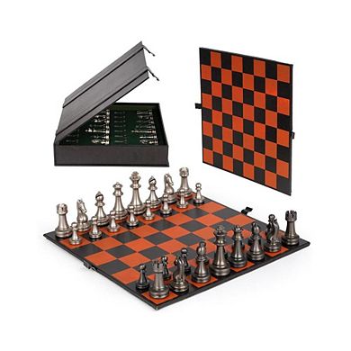12-Inch Metal Chess Set with Leather Folding Board