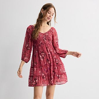 Juniors' Rewind 3/4-Sleeve Smocked V-Neck Skater Dress