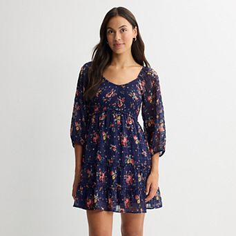 Juniors' Rewind 3/4-Sleeve Smocked V-Neck Skater Dress