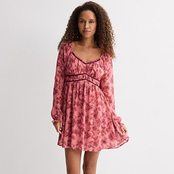 Juniors' Rewind Long Sleeve Velvet Trim Mini Skater Dress